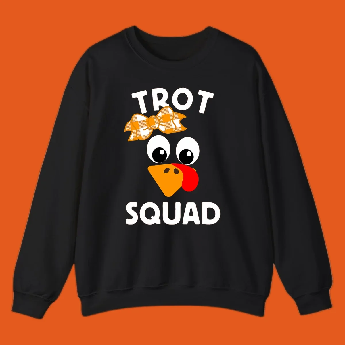 Turkey Trot Squad text with a cartoon turkey face and bow, for Thanksgiving running.