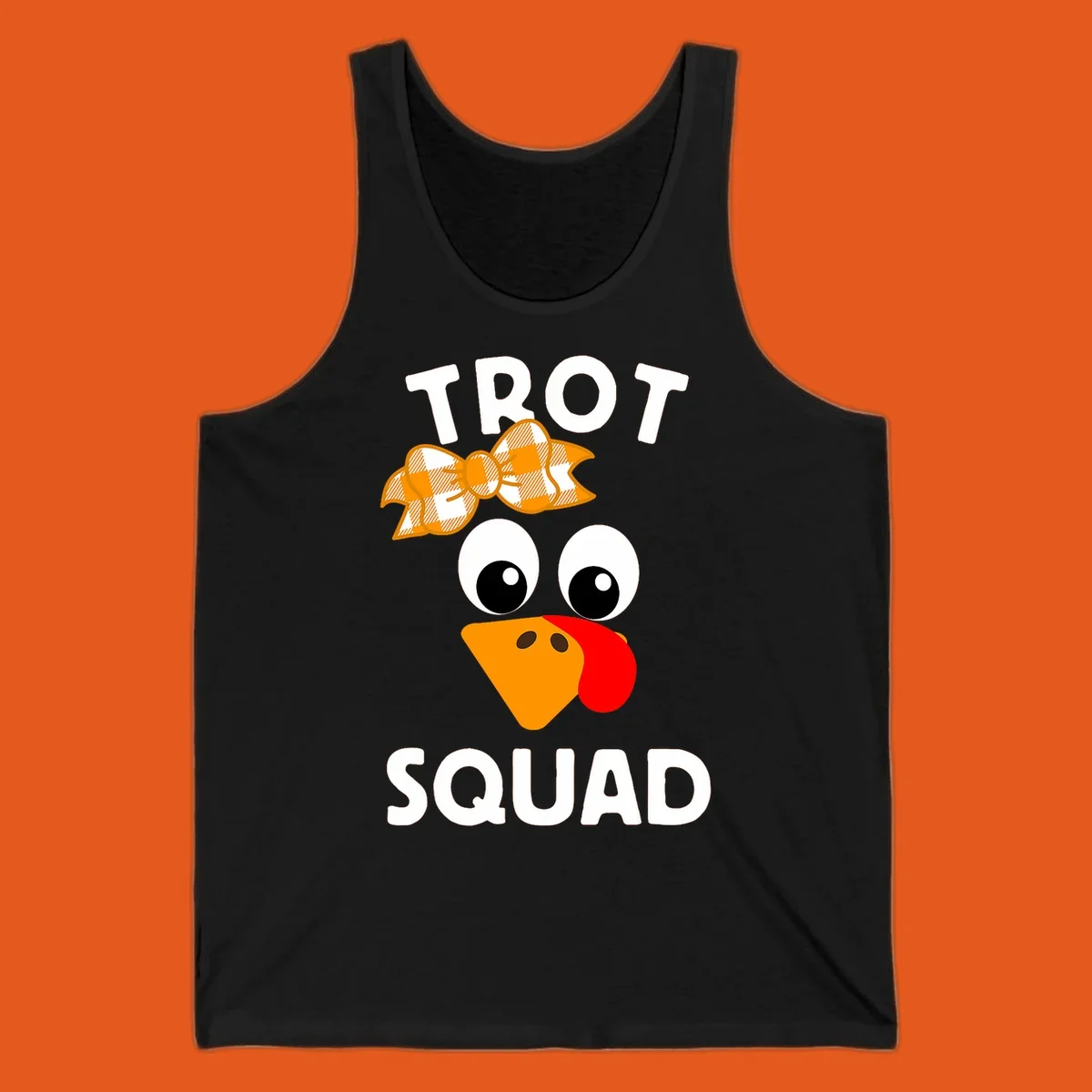 Turkey Trot Squad text with a cartoon turkey face and bow, for Thanksgiving running.
