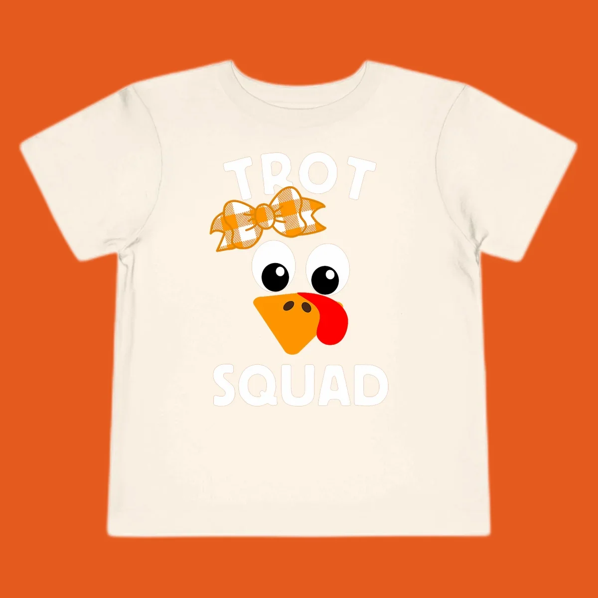 Turkey Trot Squad text with a cartoon turkey face and bow, for Thanksgiving running.