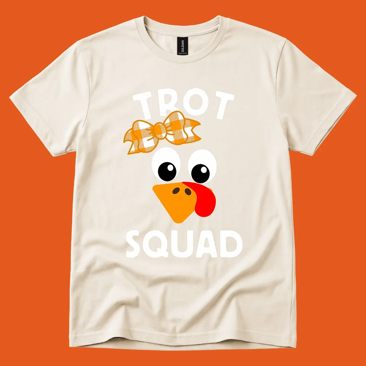 Turkey Trot Squad text with a cartoon turkey face and bow, for Thanksgiving running.