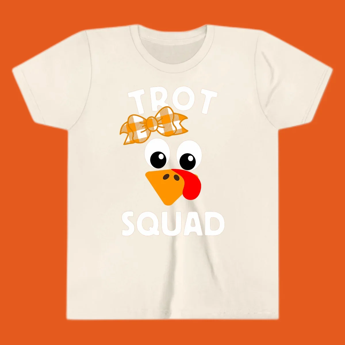 Turkey Trot Squad text with a cartoon turkey face and bow, for Thanksgiving running.