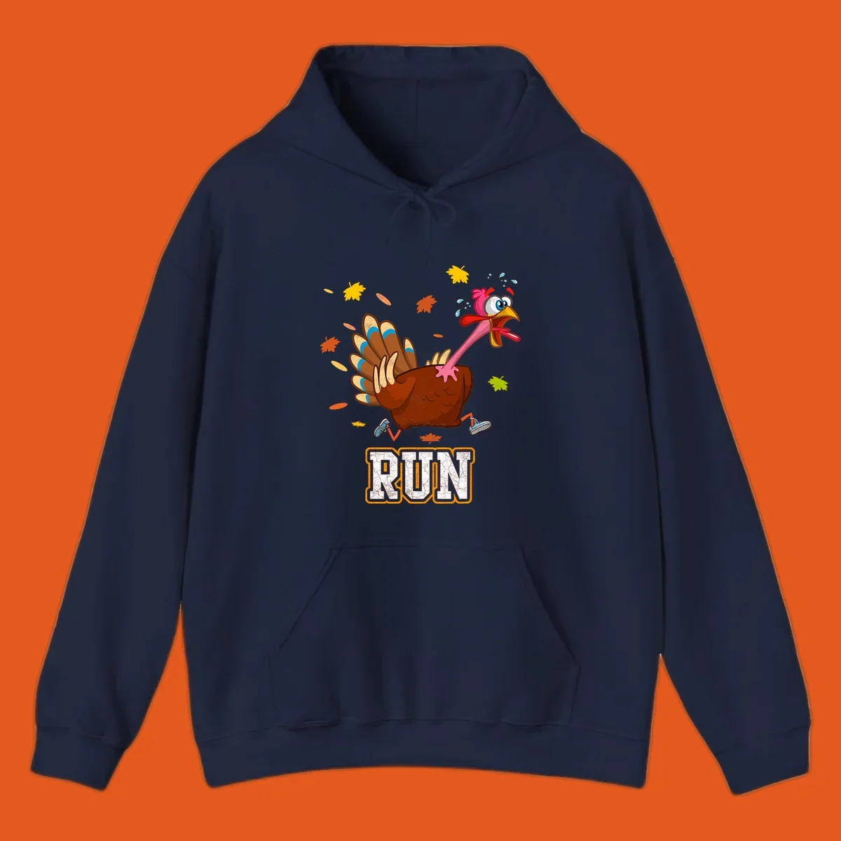 Cartoon running turkey with text RUN, for Thanksgiving Turkey Trot races.