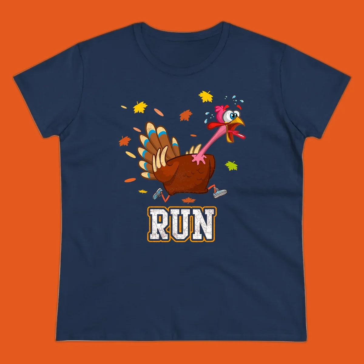 Cartoon running turkey with text RUN, for Thanksgiving Turkey Trot races.