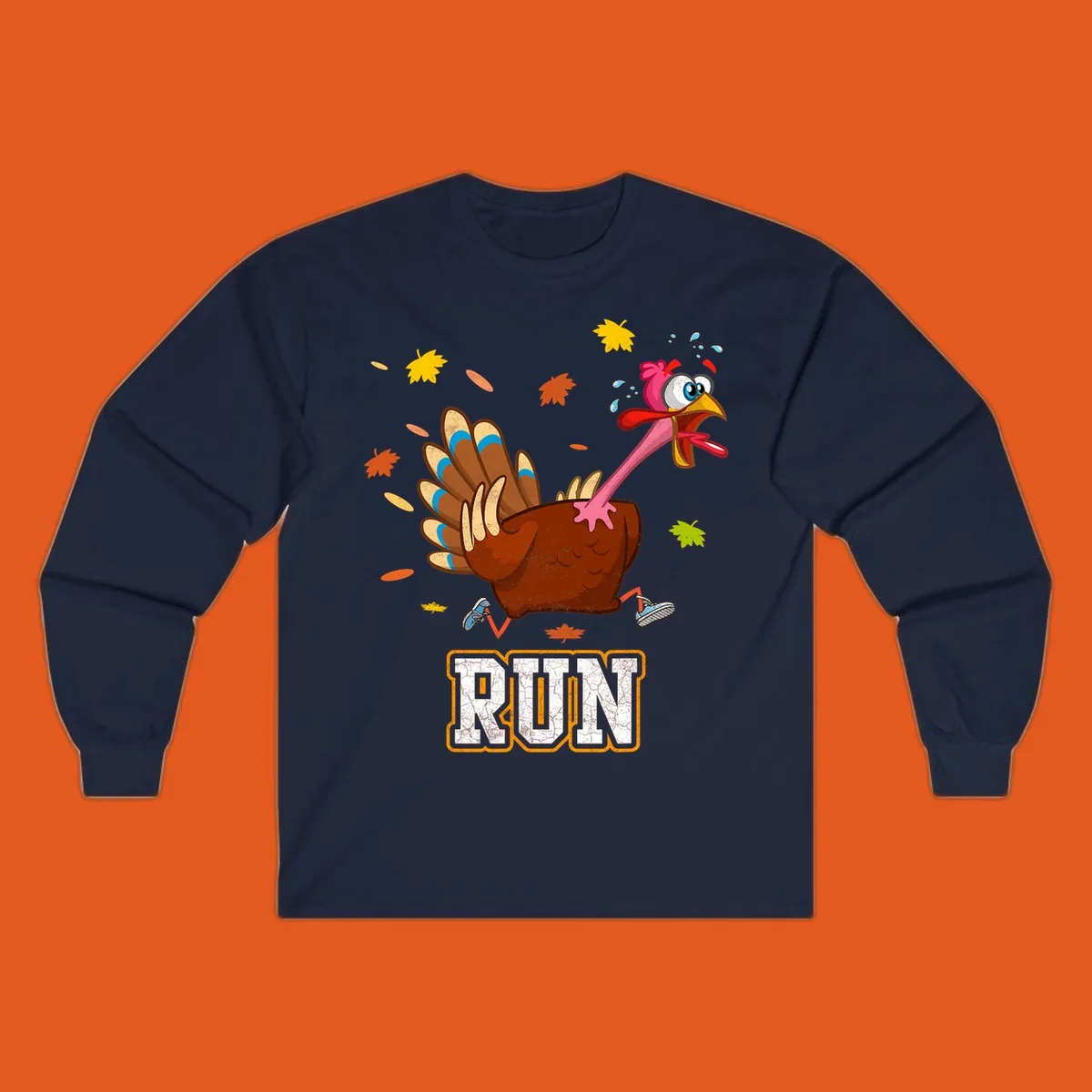 Cartoon running turkey with text RUN, for Thanksgiving Turkey Trot races.