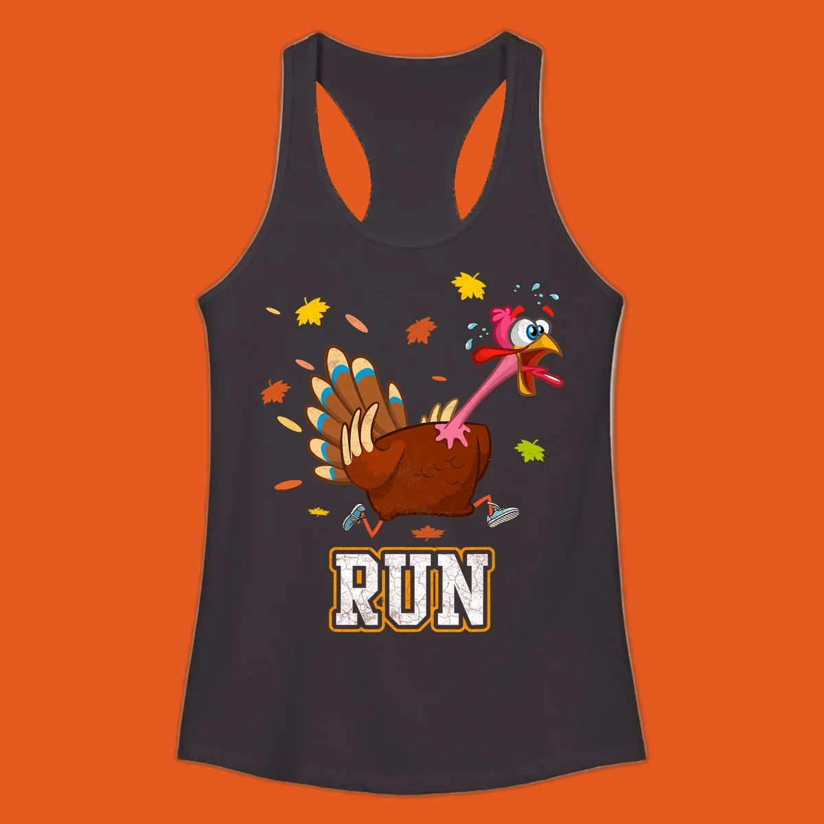 Cartoon running turkey with text RUN, for Thanksgiving Turkey Trot races.