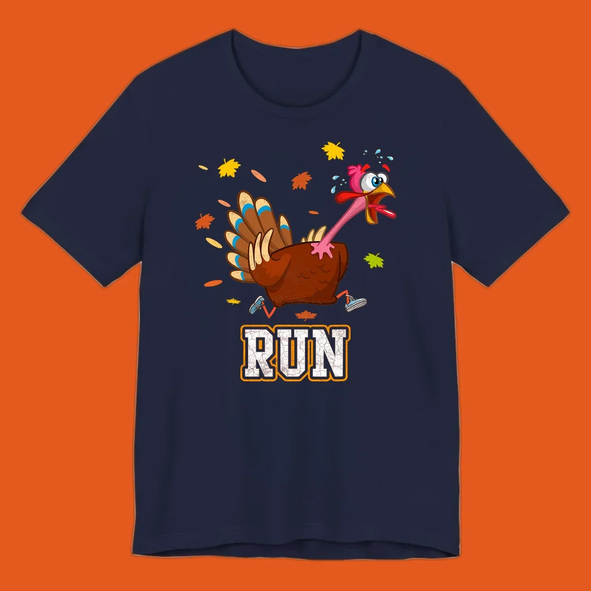 Cartoon running turkey with text RUN, for Thanksgiving Turkey Trot races.