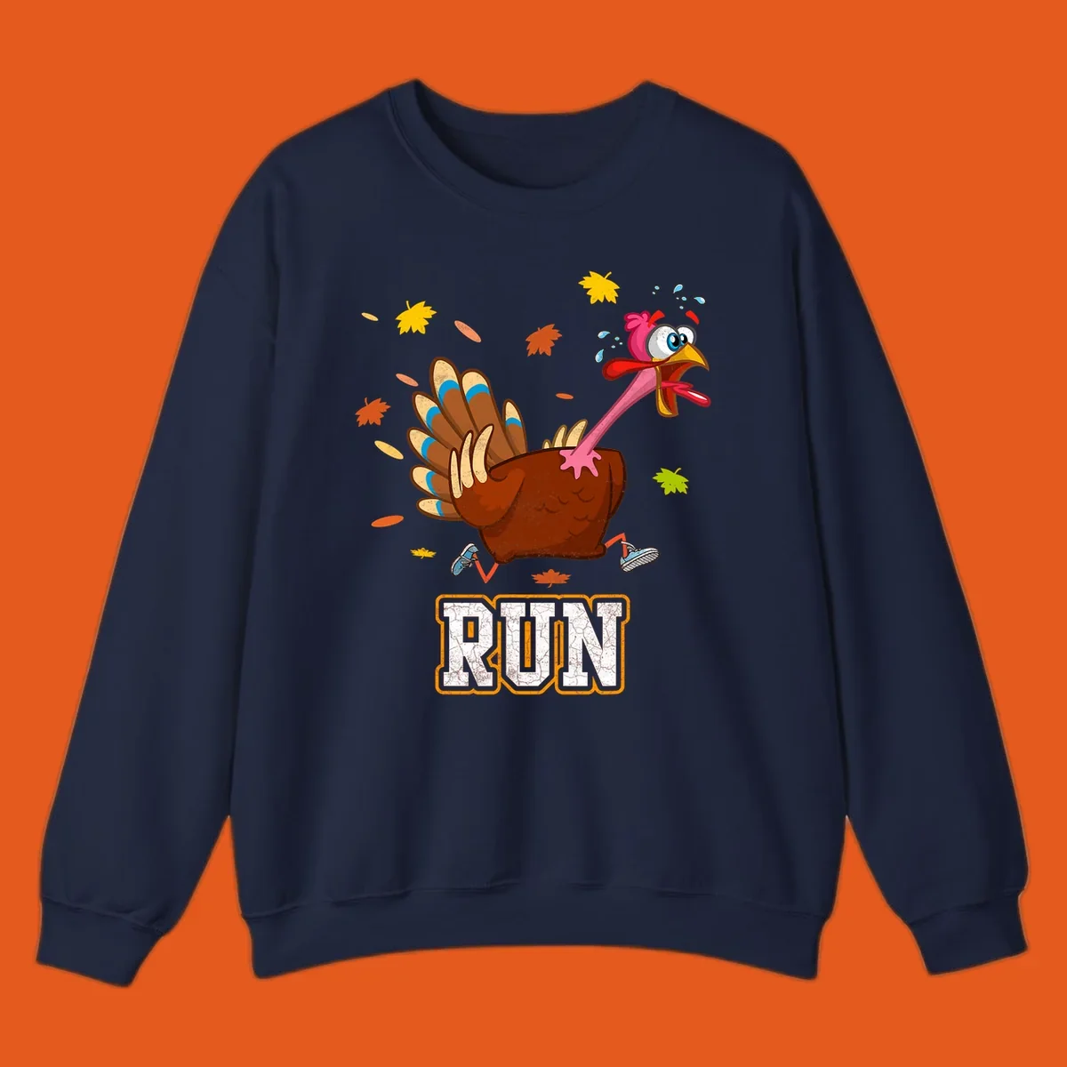 Cartoon running turkey with text RUN, for Thanksgiving Turkey Trot races.