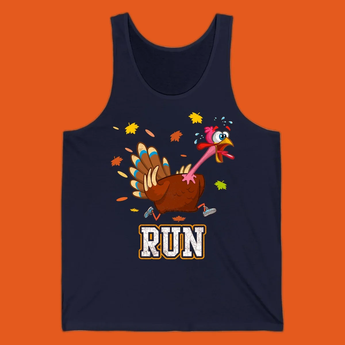 Cartoon running turkey with text RUN, for Thanksgiving Turkey Trot races.
