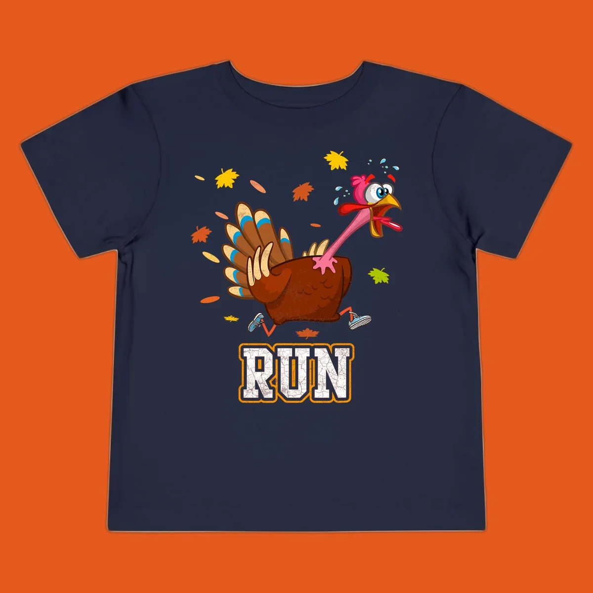 Cartoon running turkey with text RUN, for Thanksgiving Turkey Trot races.