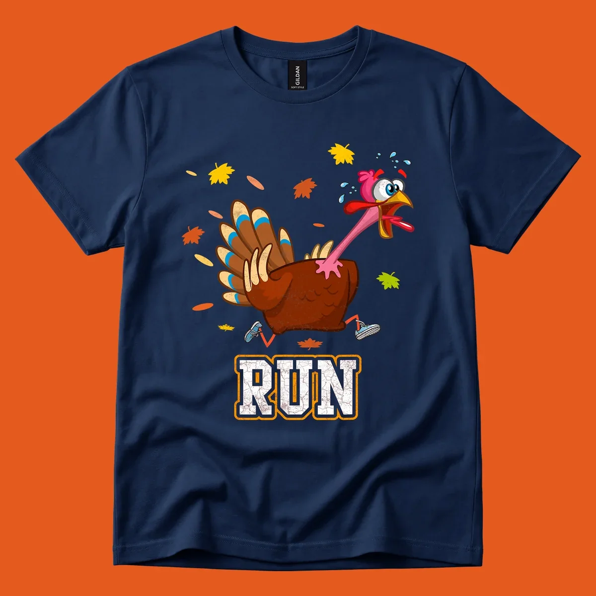 Cartoon running turkey with text RUN, for Thanksgiving Turkey Trot races.