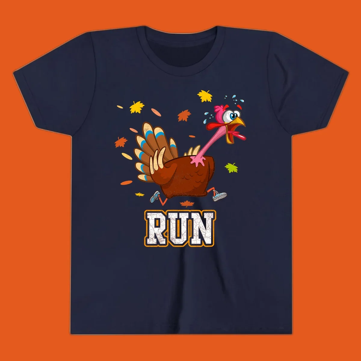 Cartoon running turkey with text RUN, for Thanksgiving Turkey Trot races.