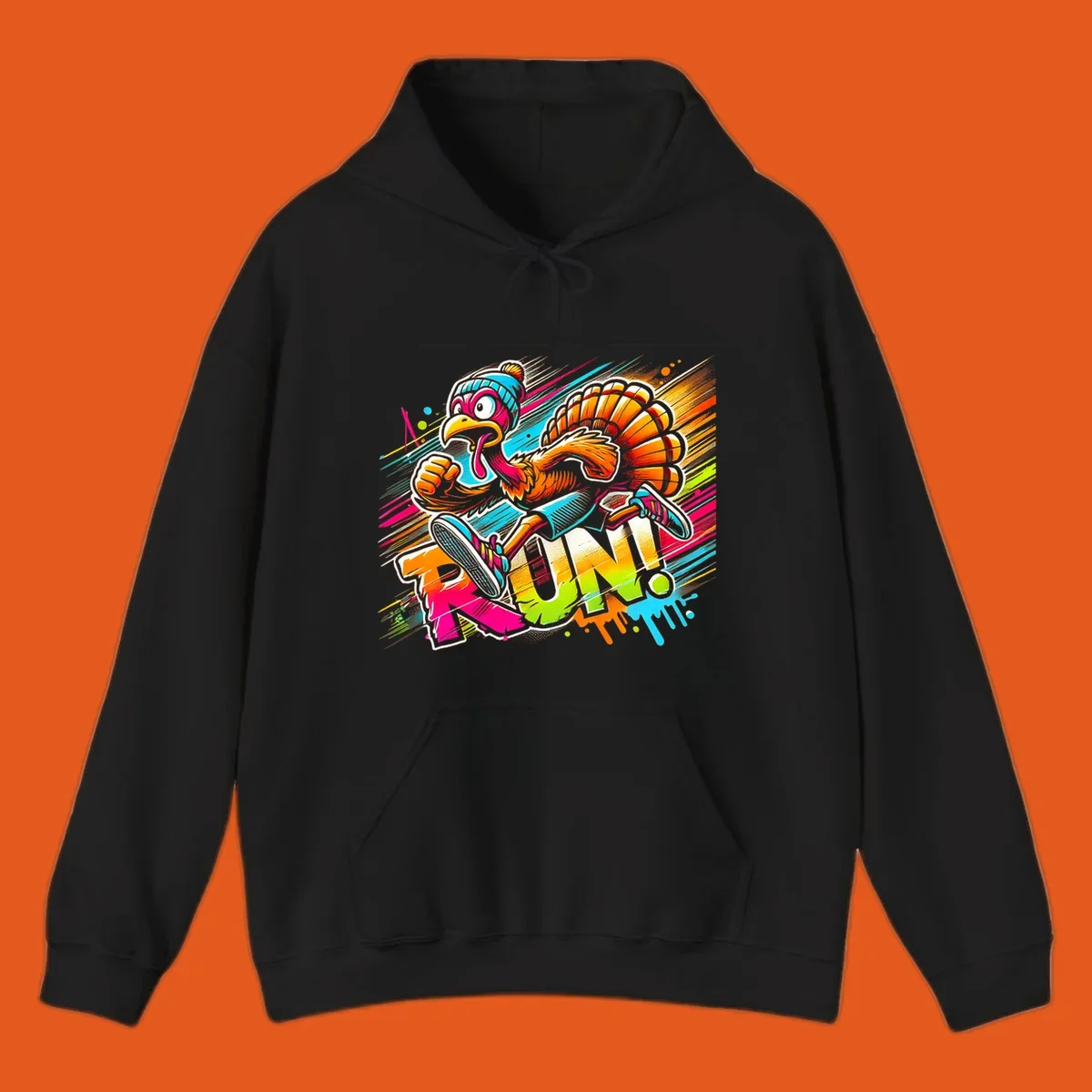 Cartoon turkey running with vibrant "RUN!" text - turkey trot runner graphic