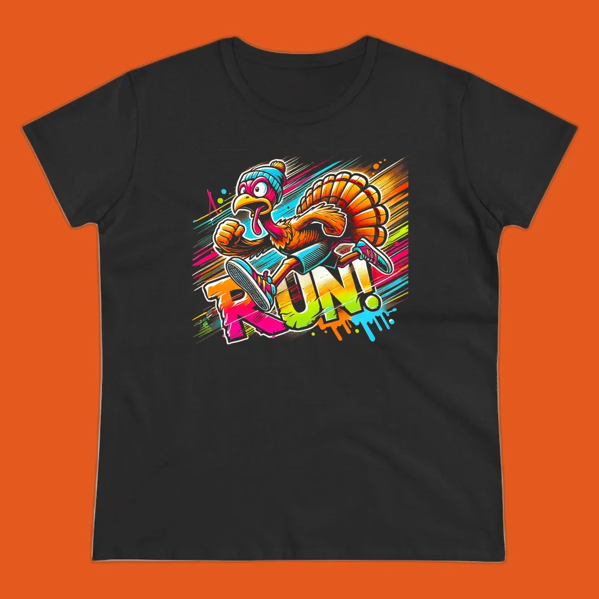 Cartoon turkey running with vibrant "RUN!" text - turkey trot runner graphic