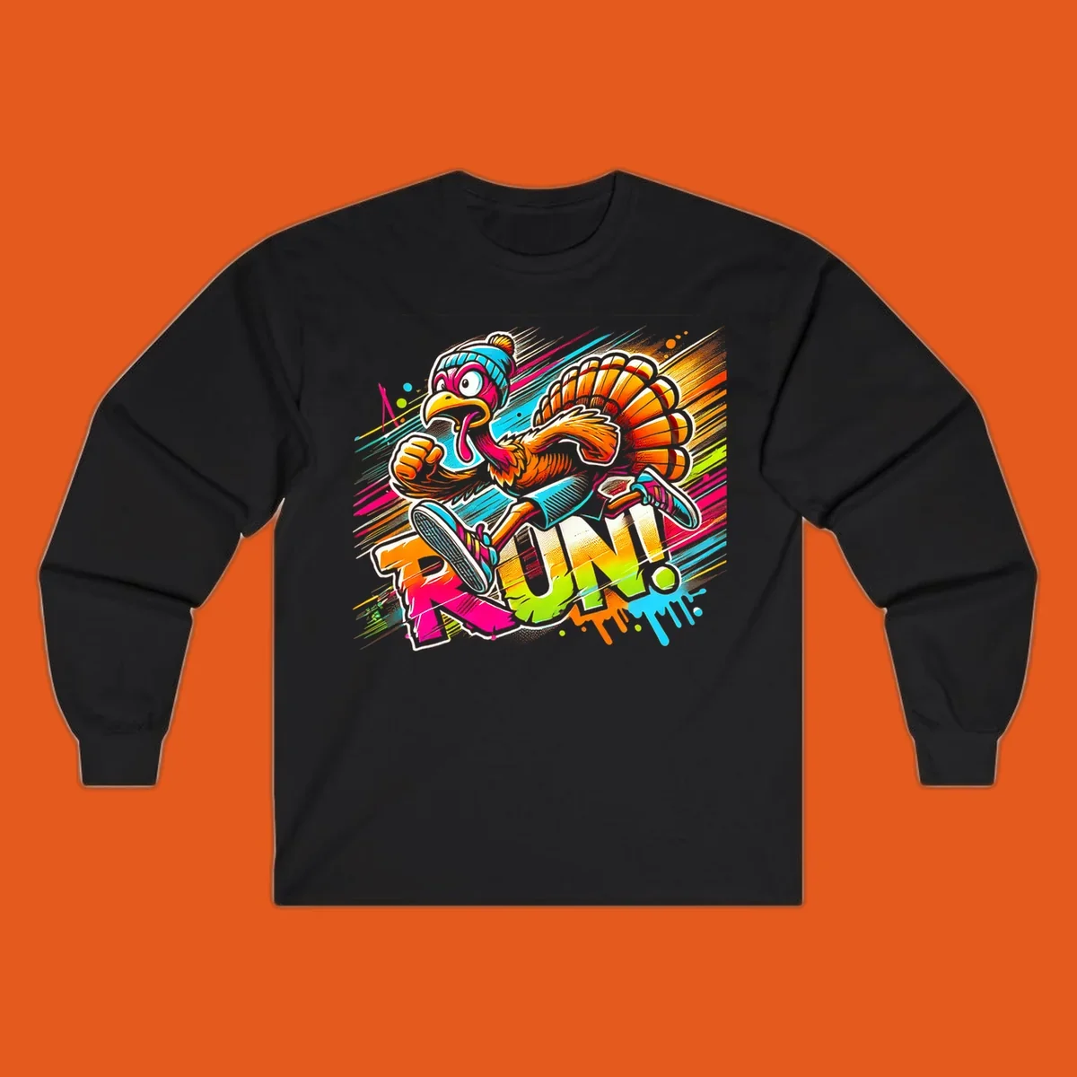 Cartoon turkey running with vibrant "RUN!" text - turkey trot runner graphic