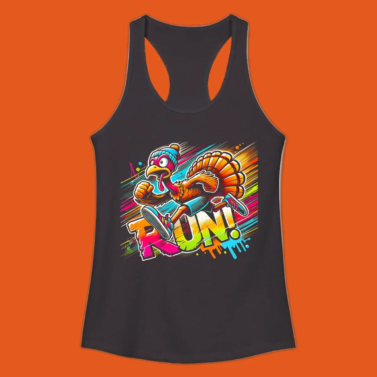 Cartoon turkey running with vibrant "RUN!" text - turkey trot runner graphic
