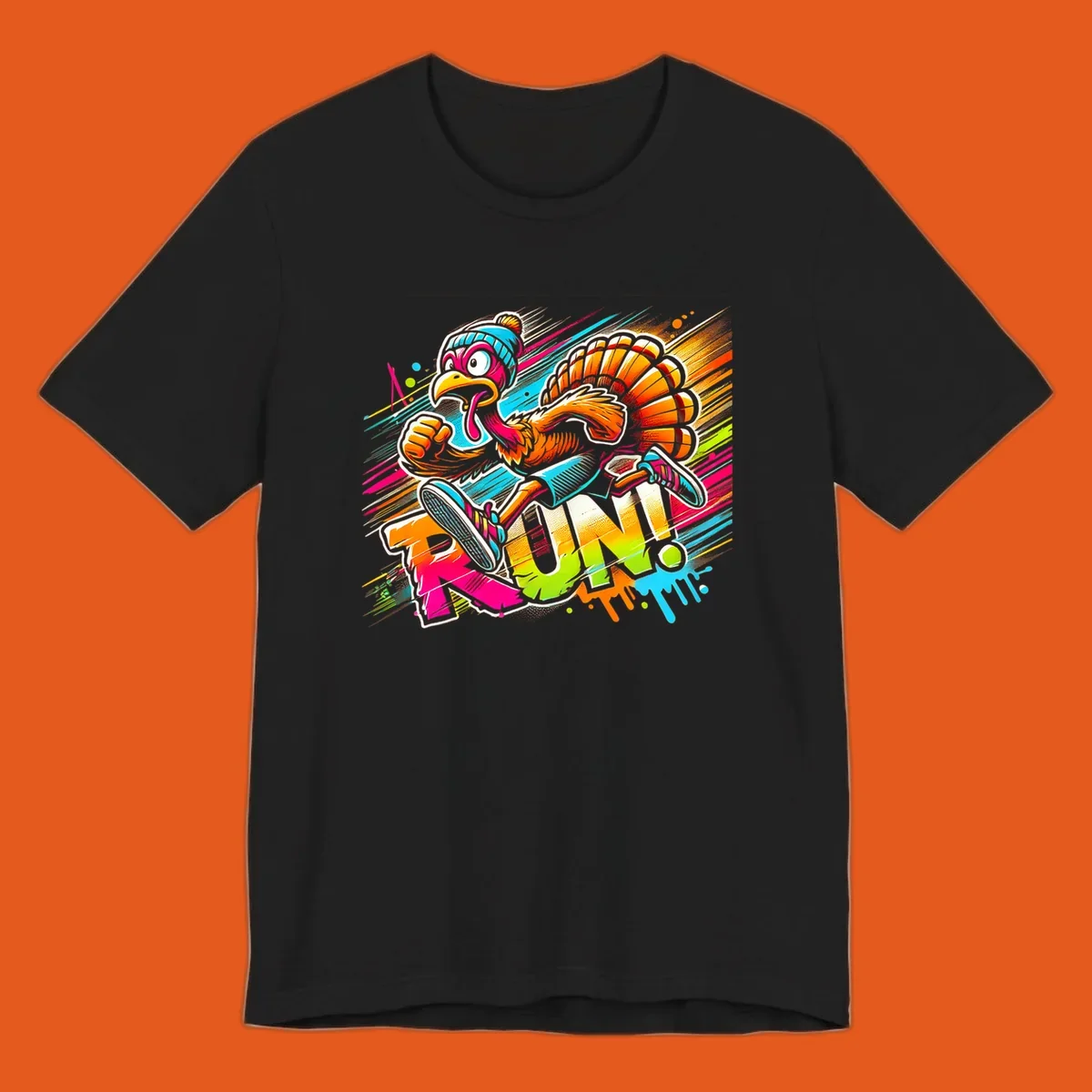 Cartoon turkey running with vibrant "RUN!" text - turkey trot runner graphic