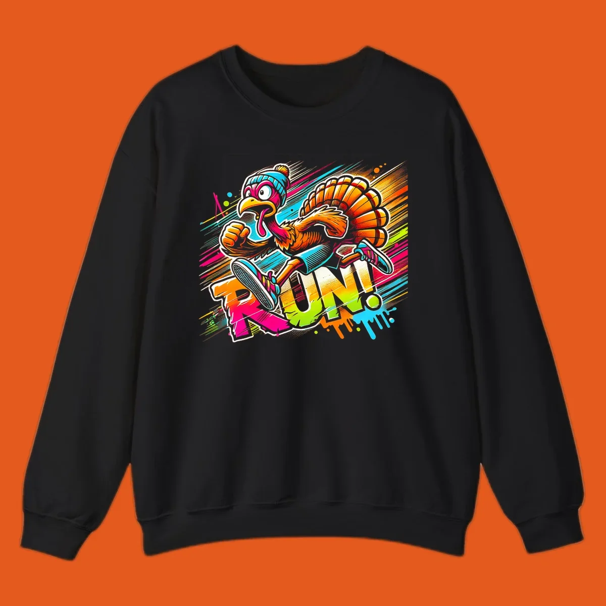 Cartoon turkey running with vibrant "RUN!" text - turkey trot runner graphic