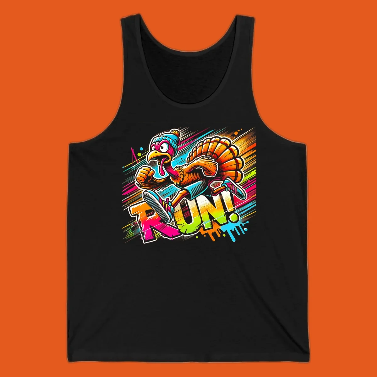 Cartoon turkey running with vibrant "RUN!" text - turkey trot runner graphic