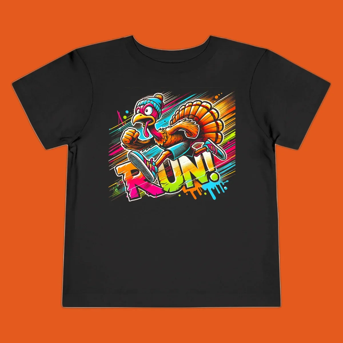 Cartoon turkey running with vibrant "RUN!" text - turkey trot runner graphic