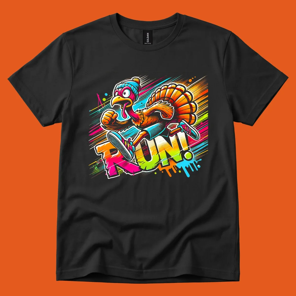 Cartoon turkey running with vibrant "RUN!" text - turkey trot runner graphic