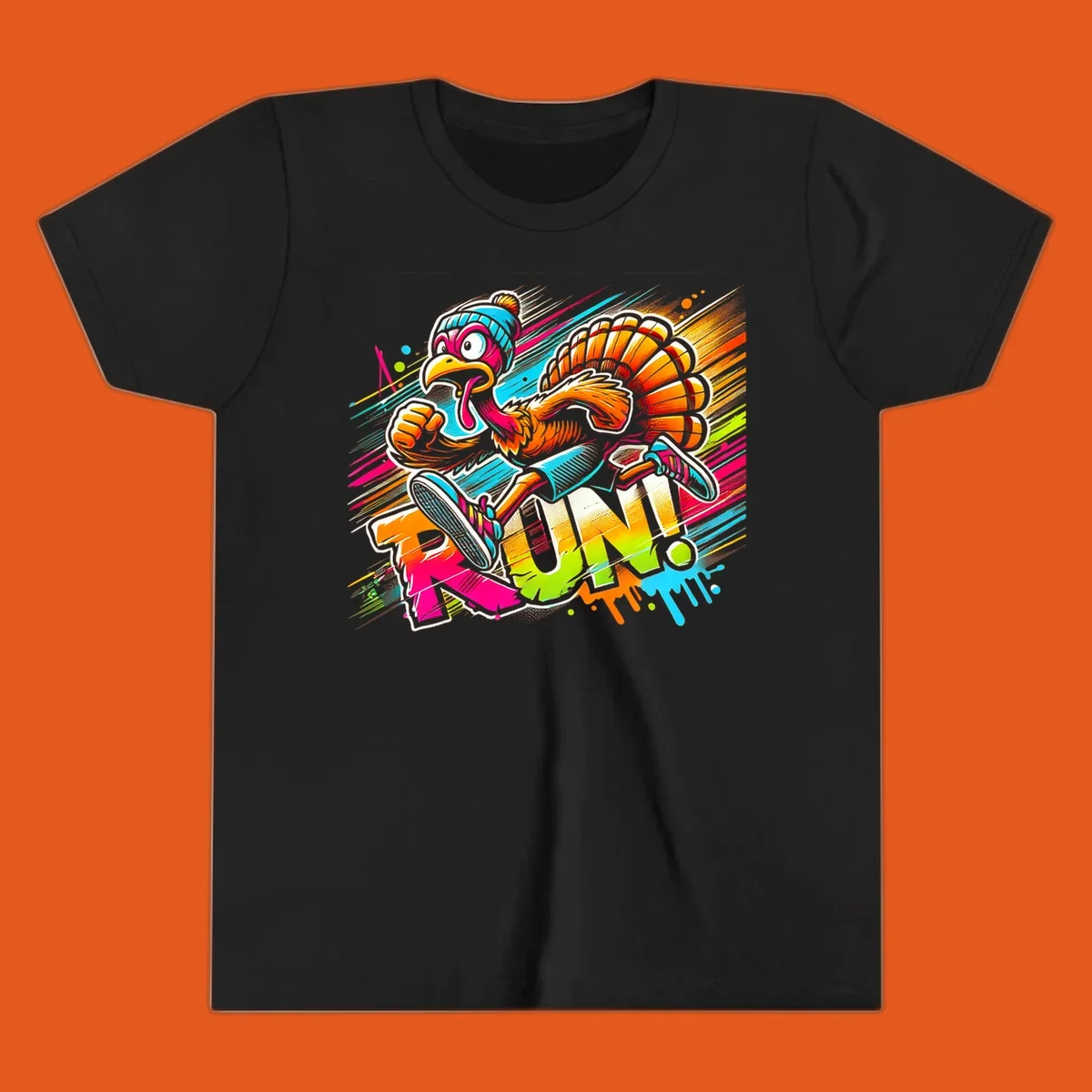 Cartoon turkey running with vibrant "RUN!" text - turkey trot runner graphic