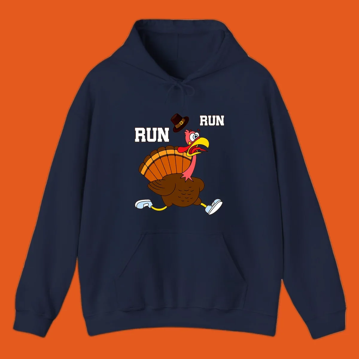 Cartoon turkey running away from viewer with word RUN, turkey trot design.