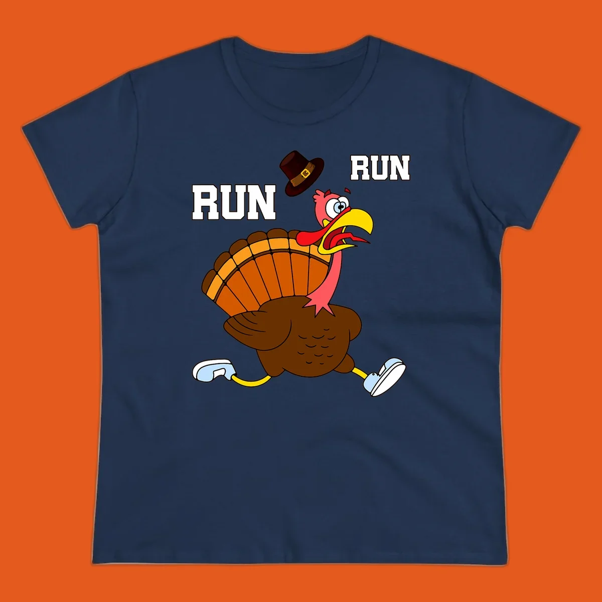 Cartoon turkey running away from viewer with word RUN, turkey trot design.