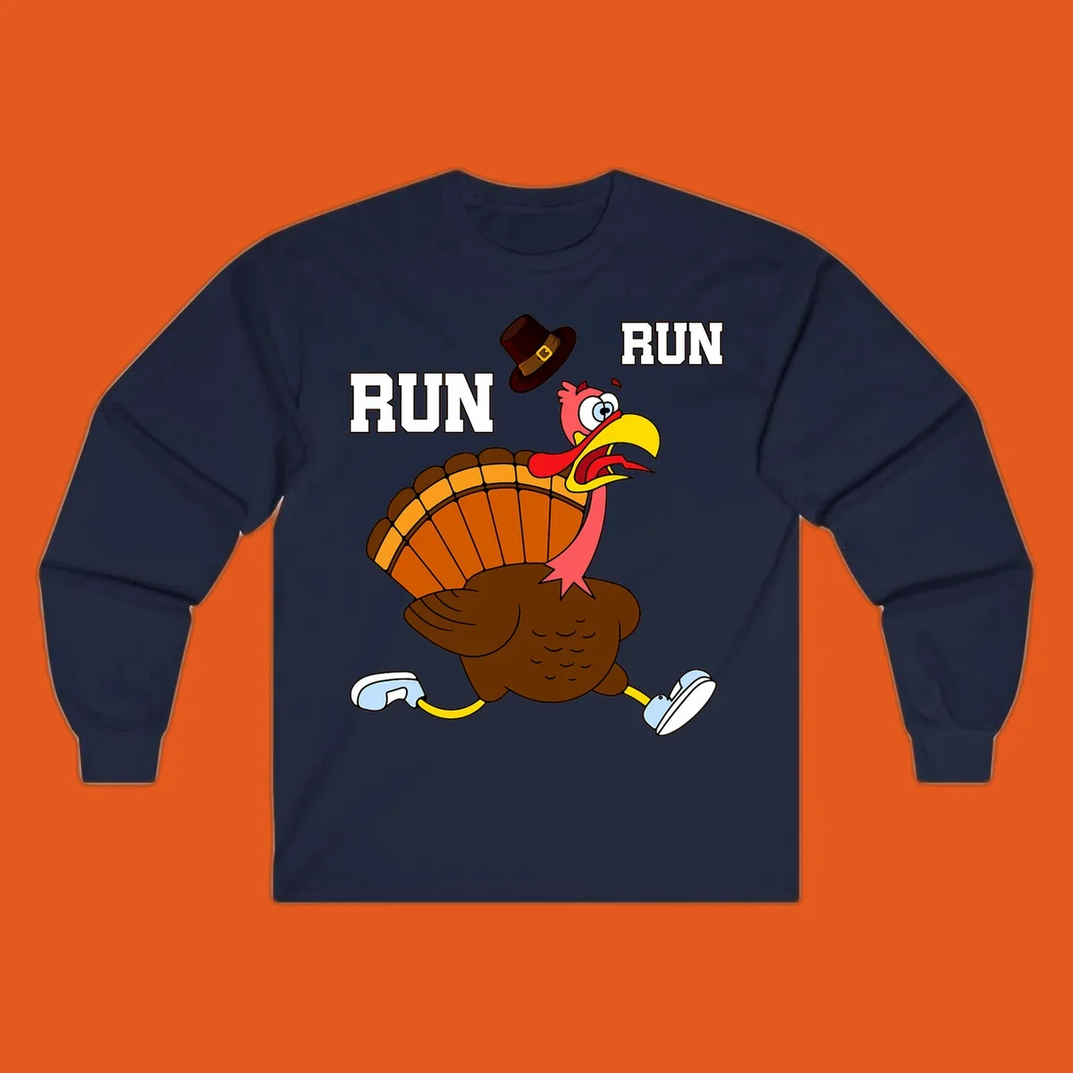 Cartoon turkey running away from viewer with word RUN, turkey trot design.