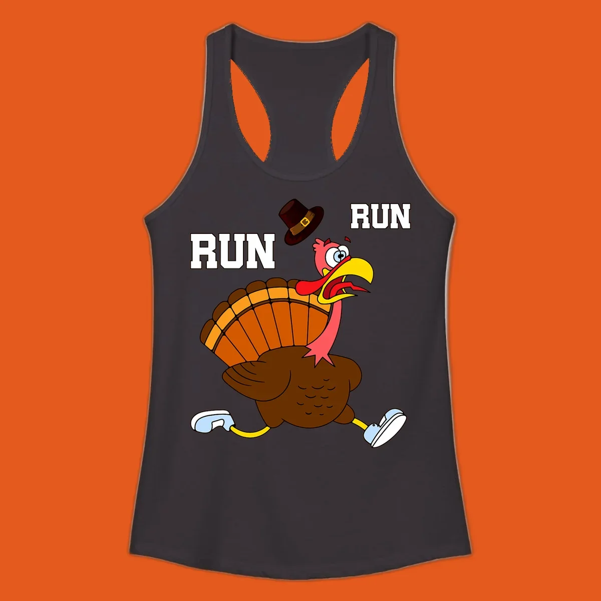 Cartoon turkey running away from viewer with word RUN, turkey trot design.