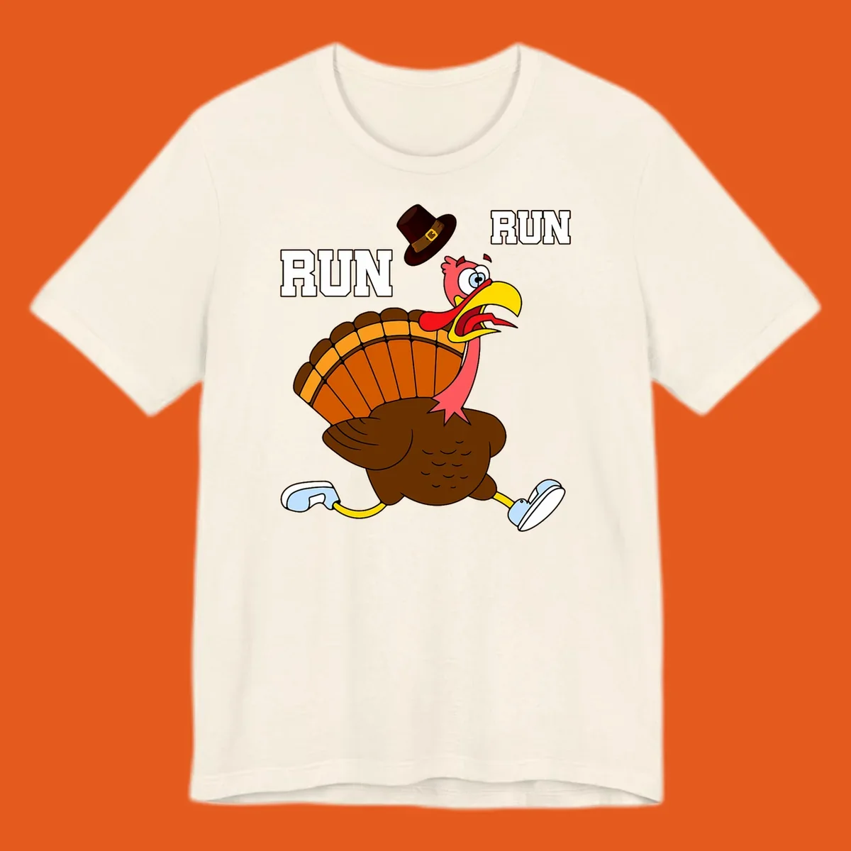 Cartoon turkey running away from viewer with word RUN, turkey trot design.