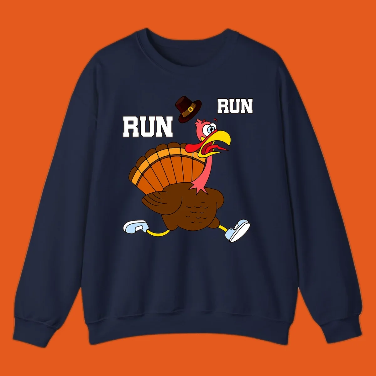 Cartoon turkey running away from viewer with word RUN, turkey trot design.