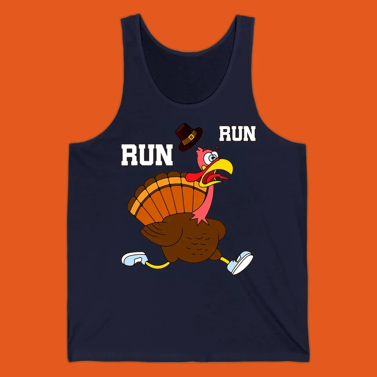 Cartoon turkey running away from viewer with word RUN, turkey trot design.