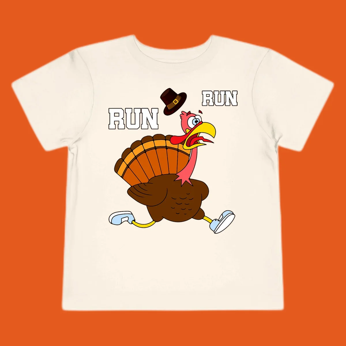 Cartoon turkey running away from viewer with word RUN, turkey trot design.