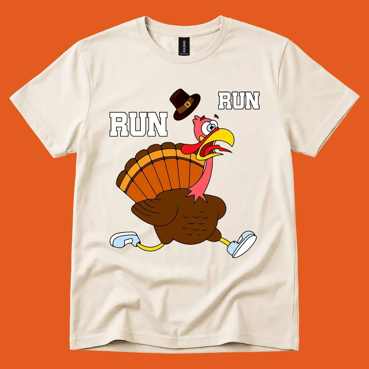 Cartoon turkey running away from viewer with word RUN, turkey trot design.