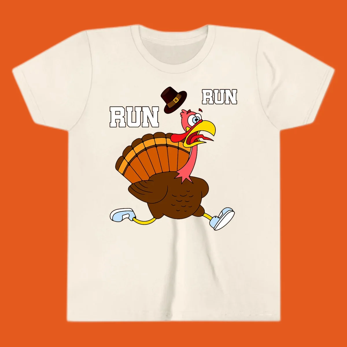 Cartoon turkey running away from viewer with word RUN, turkey trot design.