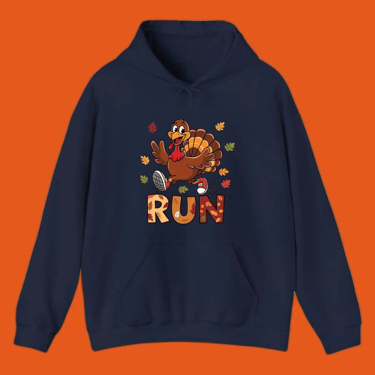 Cartoon turkey running with the word RUN, for Turkey Trot running shirts.