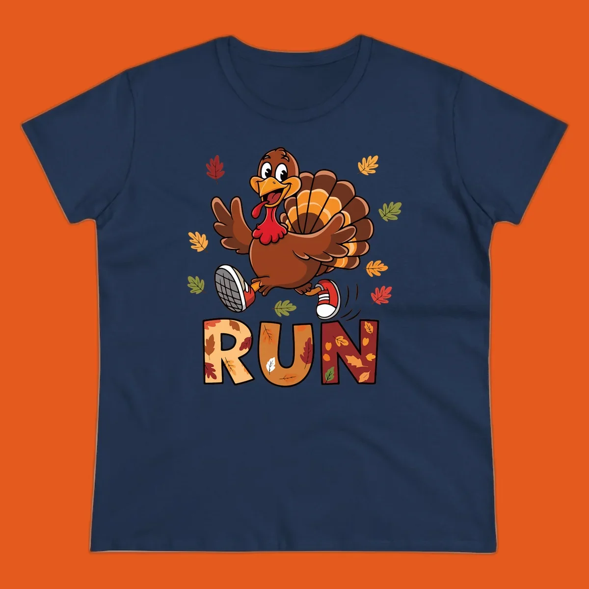 Cartoon turkey running with the word RUN, for Turkey Trot running shirts.