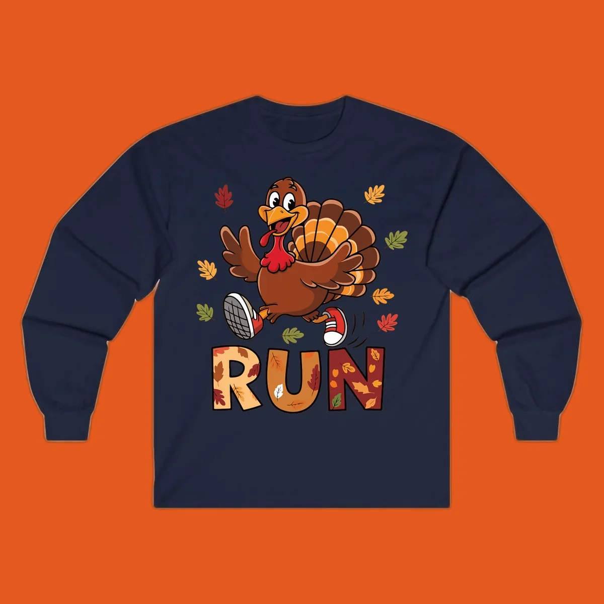 Cartoon turkey running with the word RUN, for Turkey Trot running shirts.
