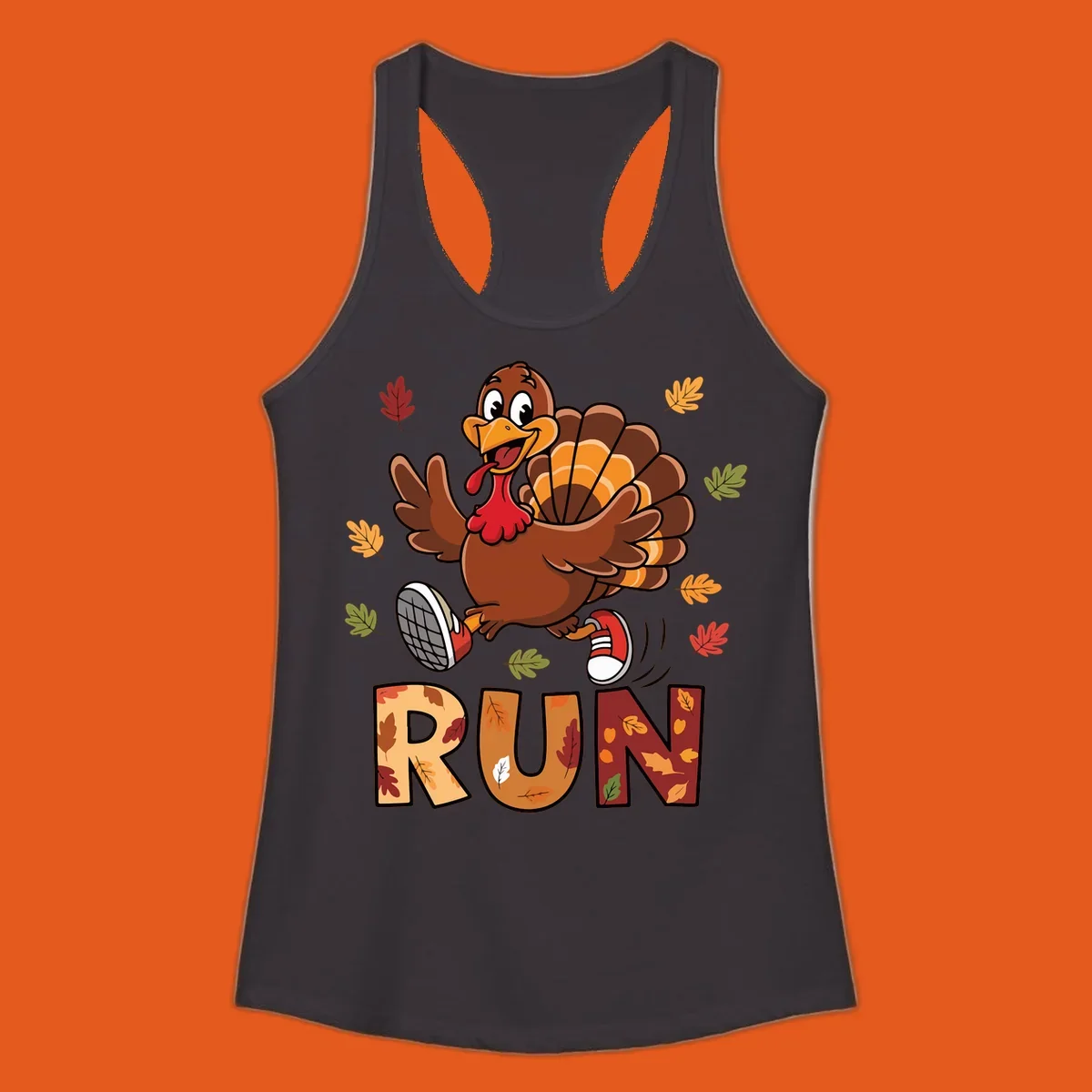Cartoon turkey running with the word RUN, for Turkey Trot running shirts.