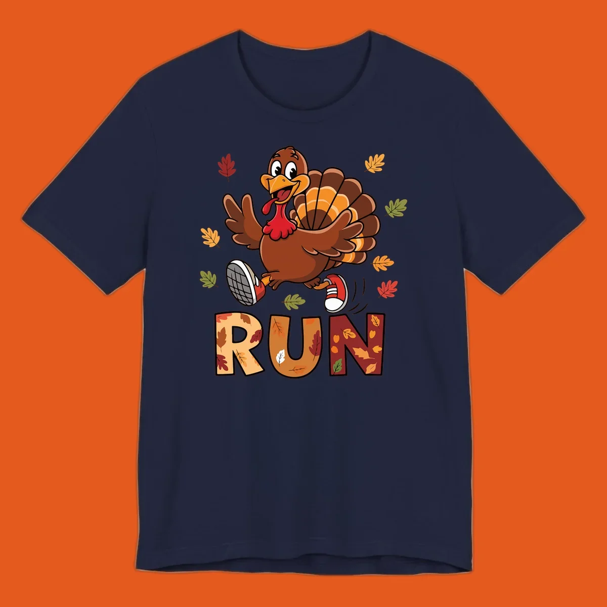 Cartoon turkey running with the word RUN, for Turkey Trot running shirts.
