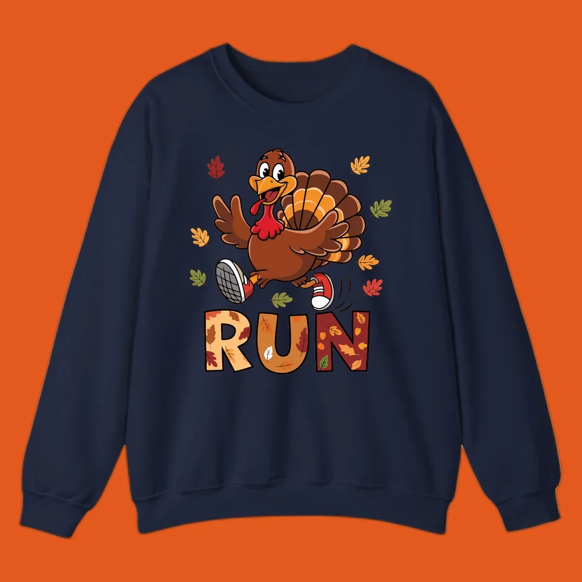 Cartoon turkey running with the word RUN, for Turkey Trot running shirts.