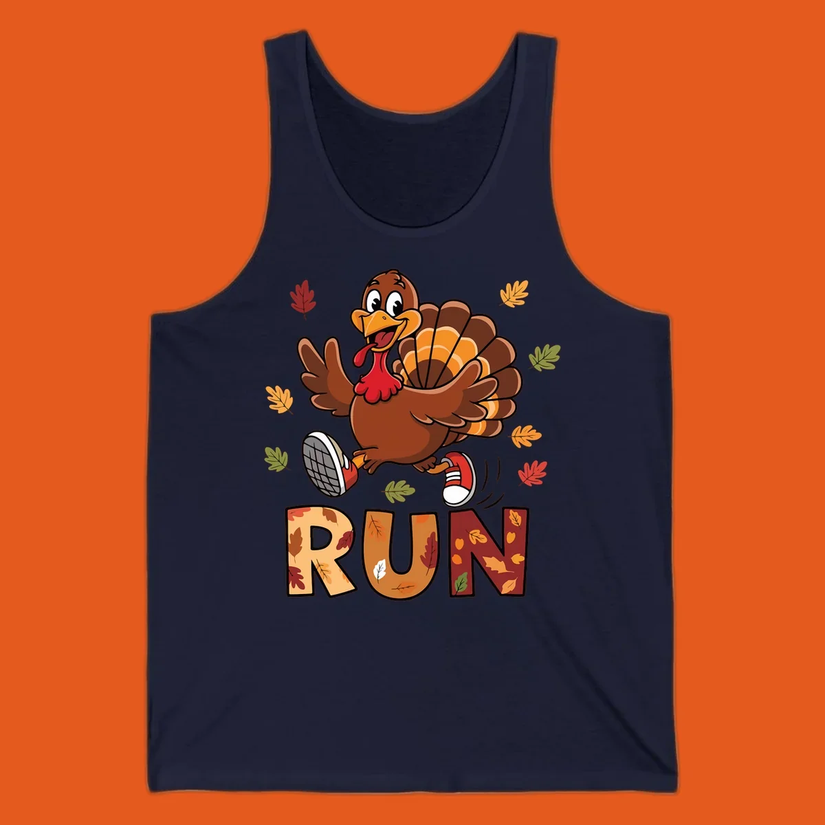 Cartoon turkey running with the word RUN, for Turkey Trot running shirts.
