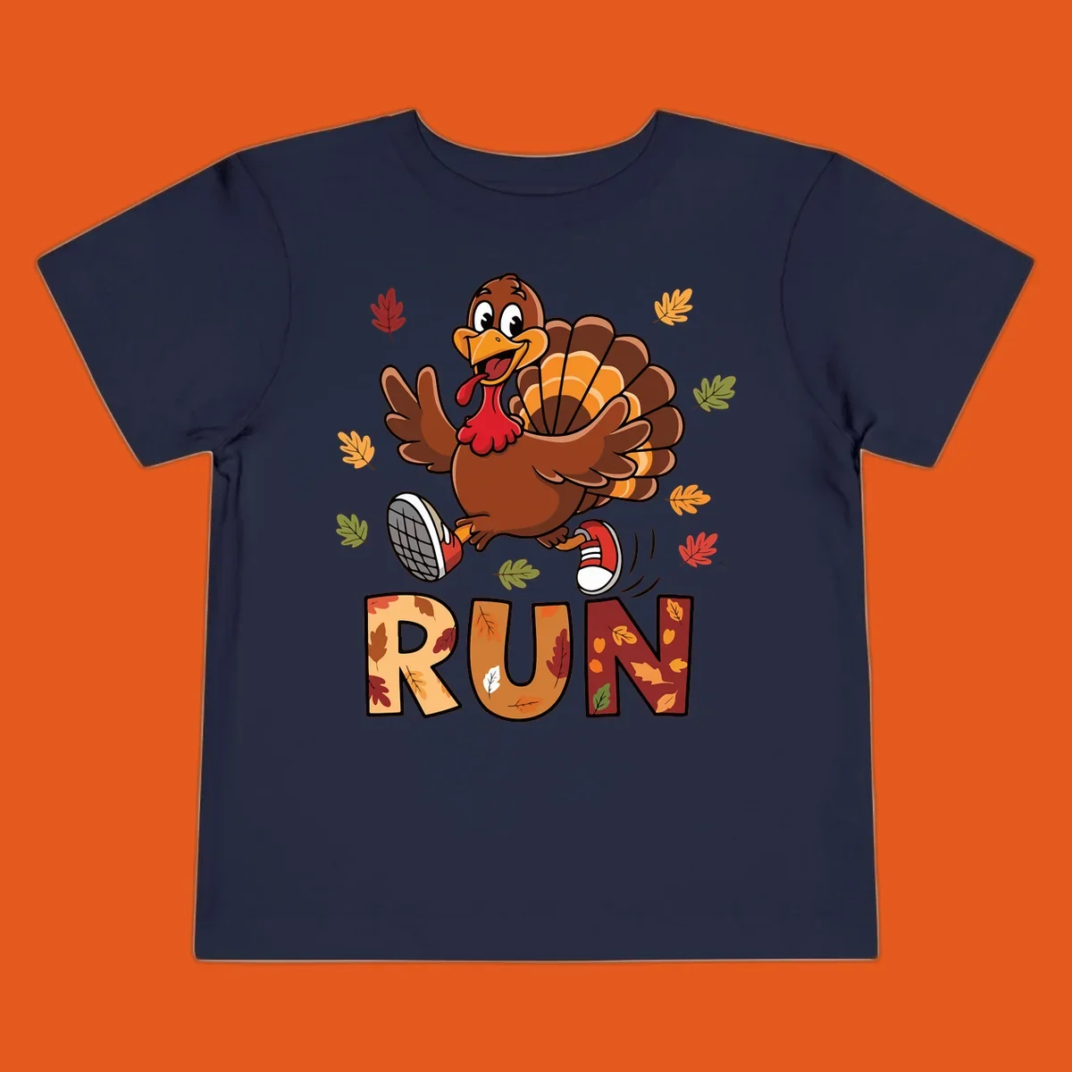 Cartoon turkey running with the word RUN, for Turkey Trot running shirts.
