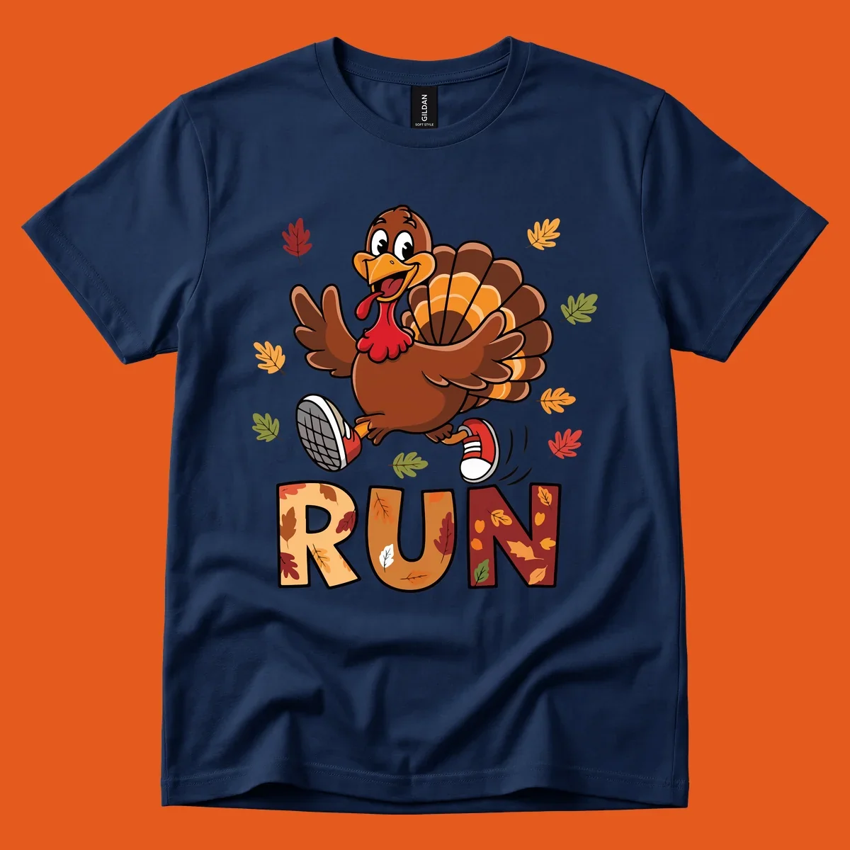 Cartoon turkey running with the word RUN, for Turkey Trot running shirts.