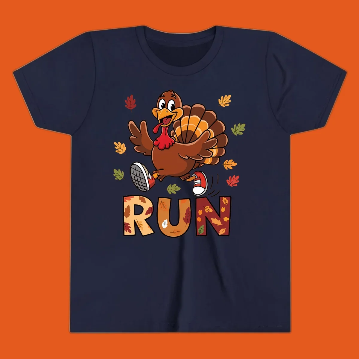 Cartoon turkey running with the word RUN, for Turkey Trot running shirts.