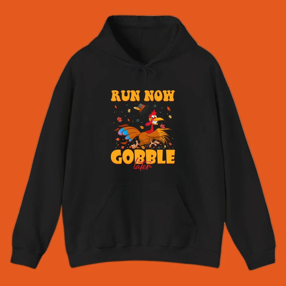 Cartoon turkey running with pilgrim hat, text "RUN NOW GOBBLE later" for Turkey Trot shirt.