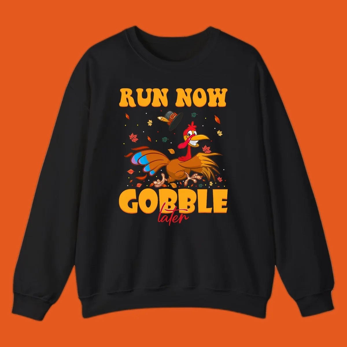 Cartoon turkey running with pilgrim hat, text "RUN NOW GOBBLE later" for Turkey Trot shirt.