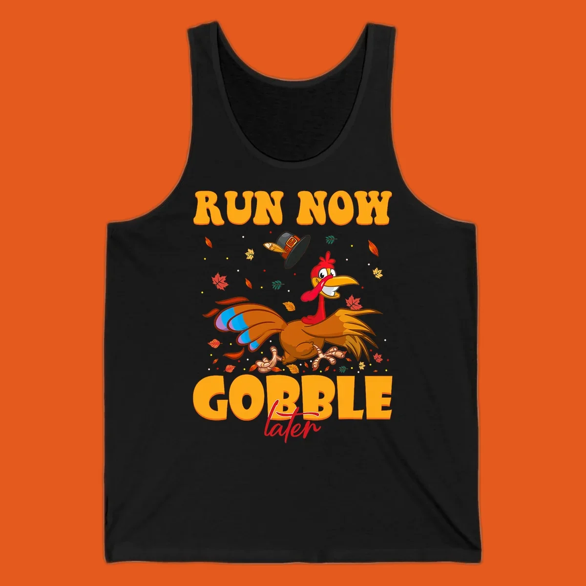 Cartoon turkey running with pilgrim hat, text "RUN NOW GOBBLE later" for Turkey Trot shirt.