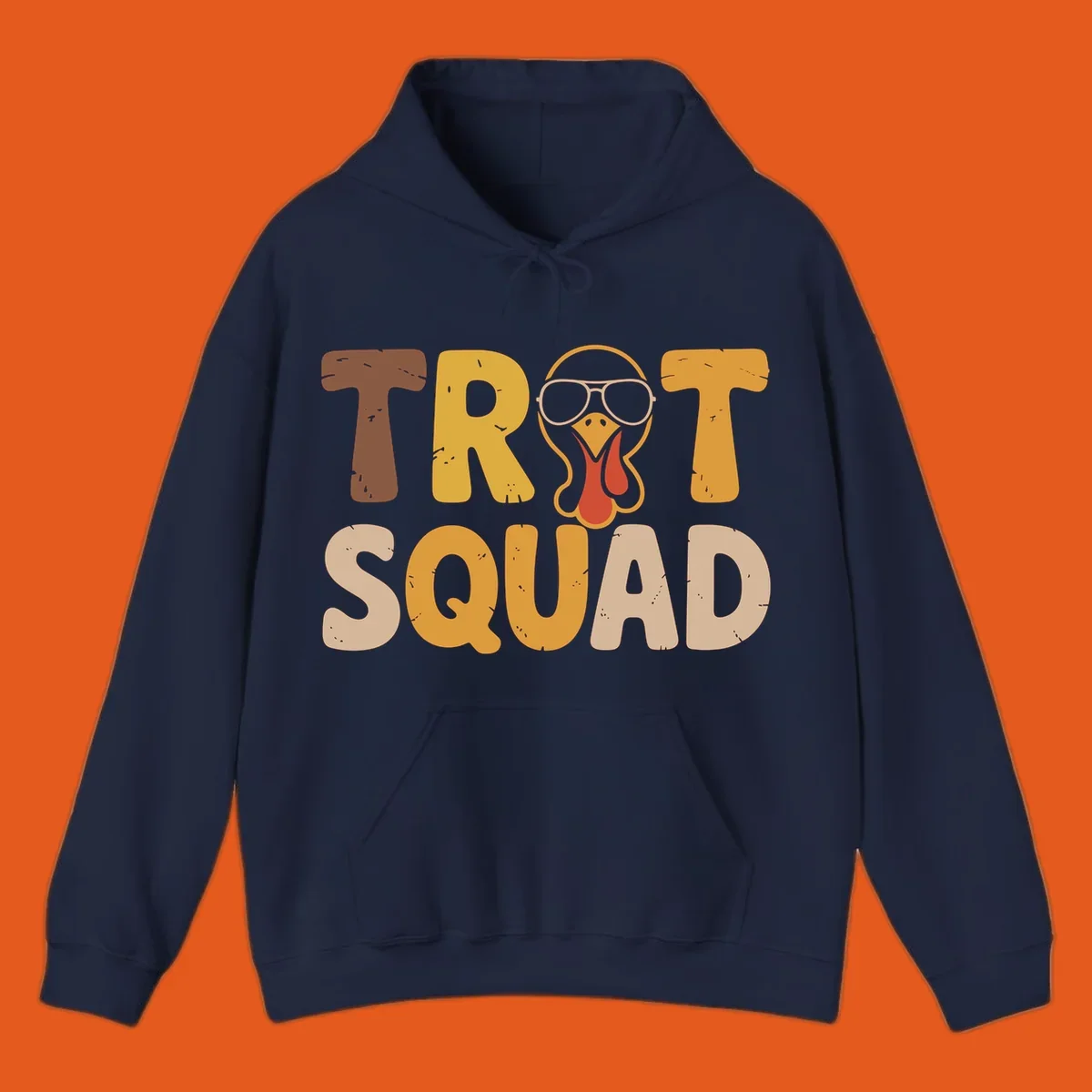 Text 'TROT SQUAD' with a cartoon turkey wearing sunglasses, for turkey trot runners.