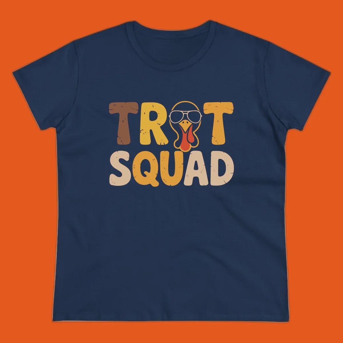 Text 'TROT SQUAD' with a cartoon turkey wearing sunglasses, for turkey trot runners.